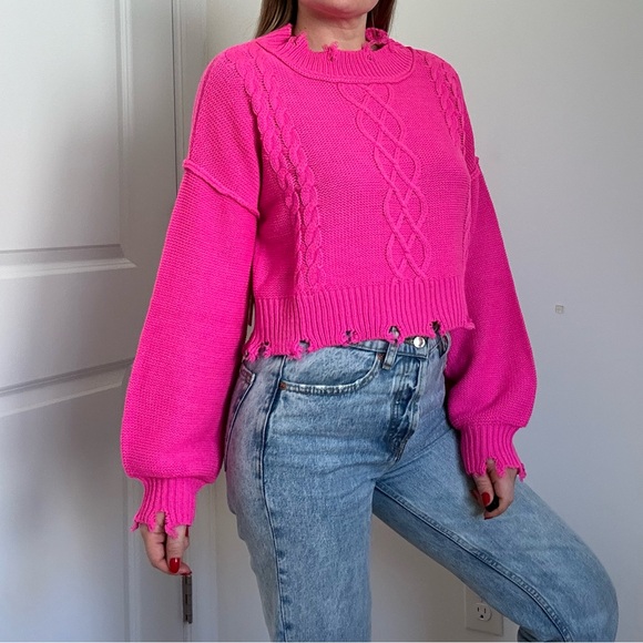 Neon Pink Distressed Crop Cable Knit Sweater - Picture 3 of 10